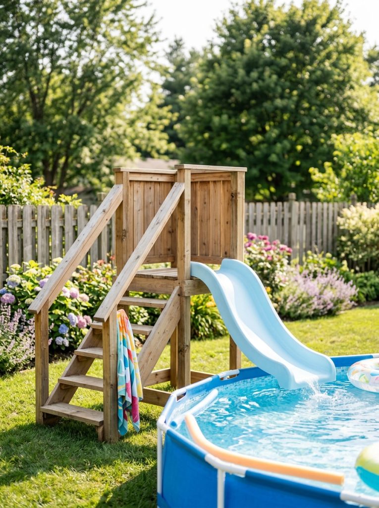  Simple above ground pool DIY slide with wooden structure smooth slide surface secure handrails and entry steps beside above ground pool 