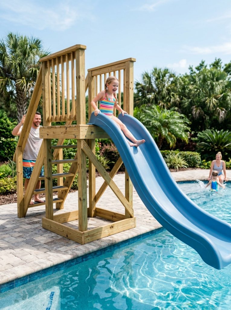 Well-built elevated platform DIY pool slide with secure construction safety railings non-slip surfaces and smooth slide channel 