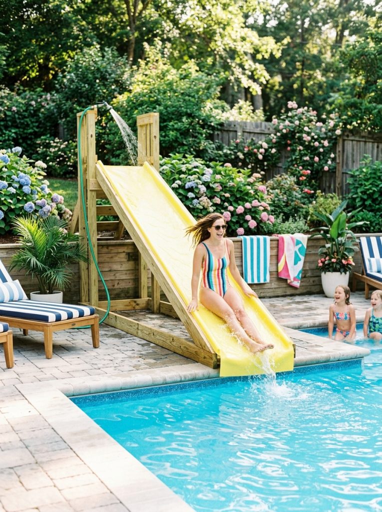 Fun DIY swimming pool water slide with garden hose water supply continuous flow down slide surface into sparkling swimming pool 