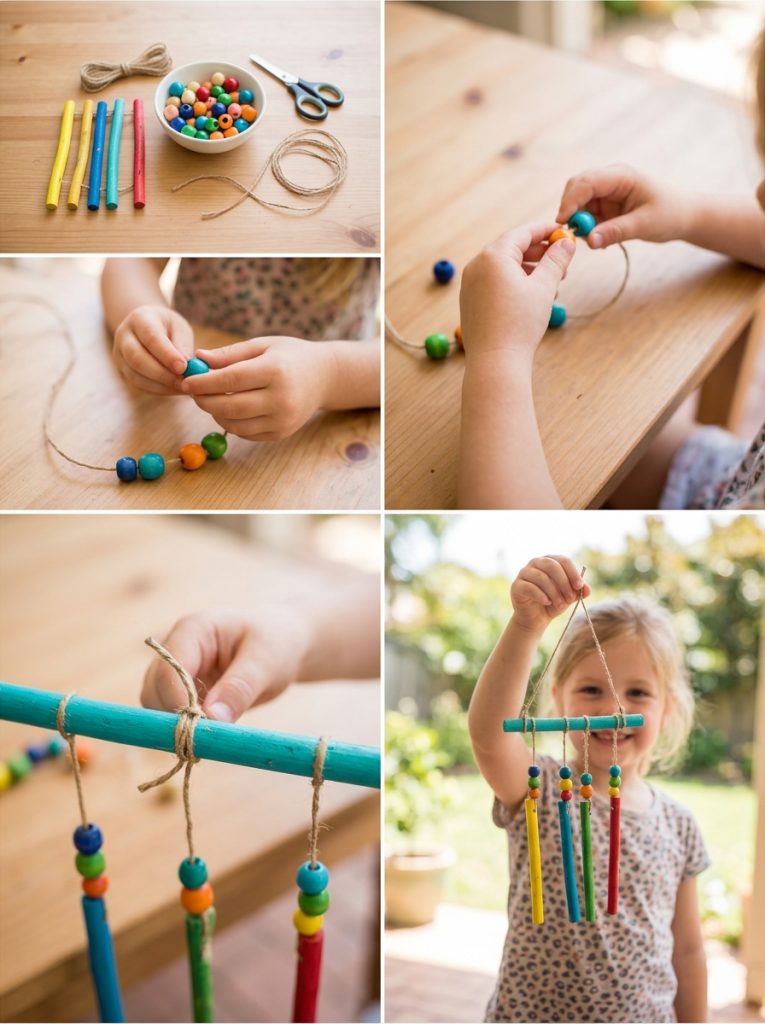 Simple easy DIY wind chimes for kids with painted sticks beads and cord showing simple assembly process and beautiful results 