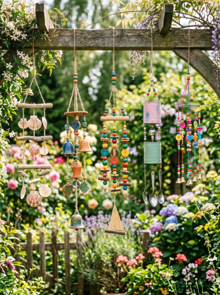 Beautiful DIY wind chimes display with seashell clay pottery wooden bead tin can and colorful kids chimes hanging in bright garden