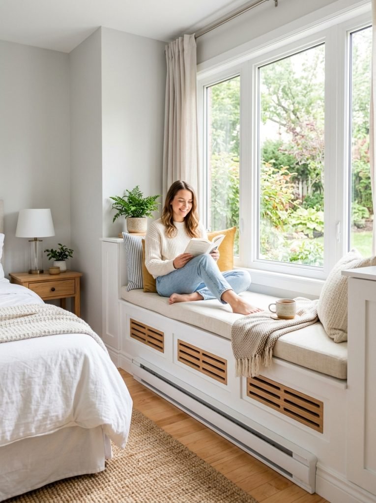 DIY window seat built around baseboard heater with ventilation gaps in front panel for heat flow in bright bedroom
