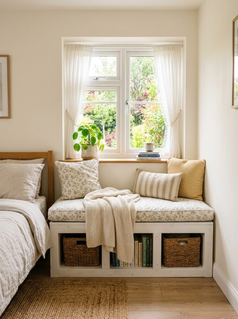 Simple budget DIY window seat built from basic lumber painted white below bedroom window with cushion on top