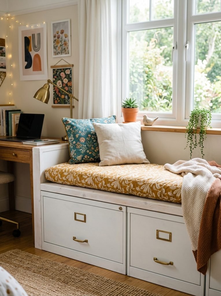 Creative DIY window seat made from two filing cabinets below window with wooden board on top painted white with cushion
