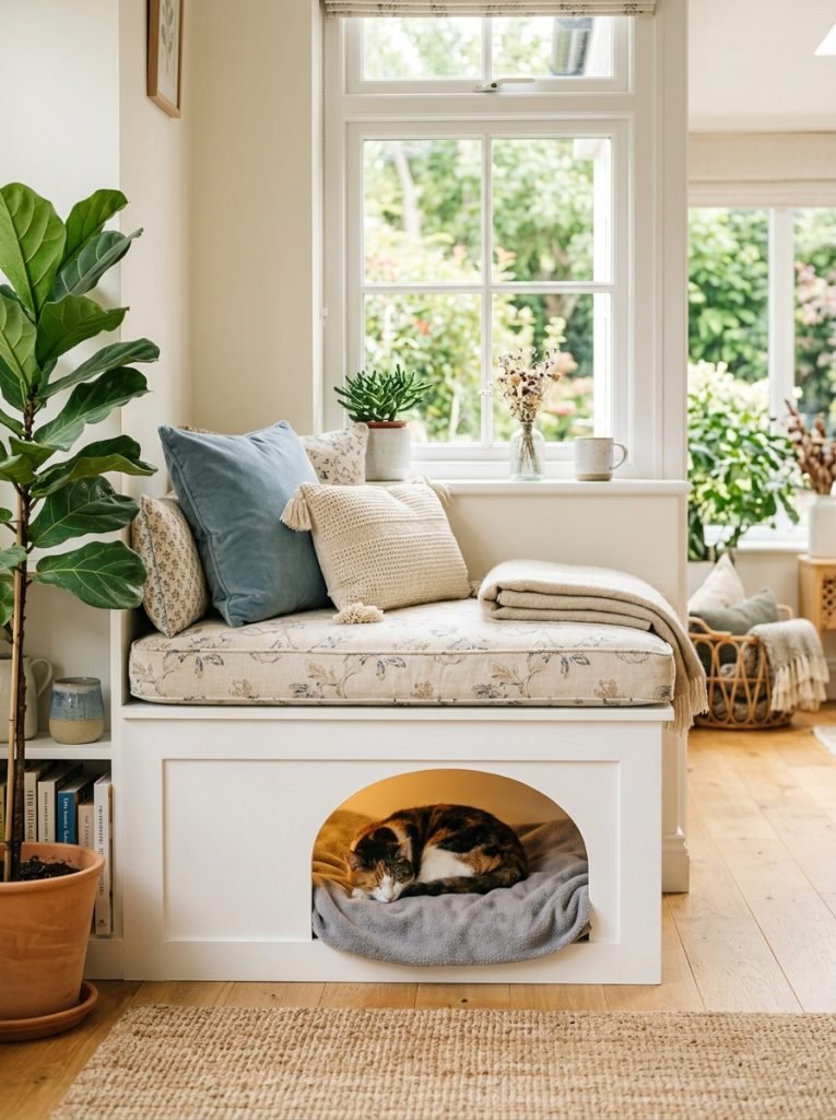 DIY window seat with small arched opening in front panel creating cozy pet hideaway below seat with cushion top