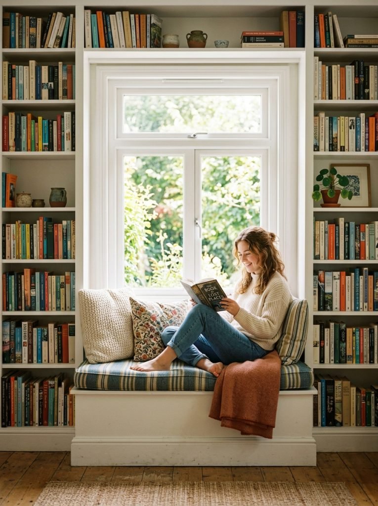 DIY window seat with tall bookshelves on each side of window creating cozy reading nook alcove with books