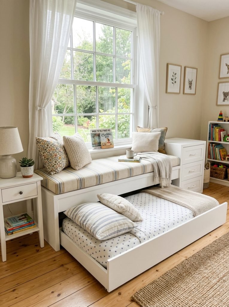 DIY window seat with pull out trundle bed extended below in bright guest room clever space saving solution