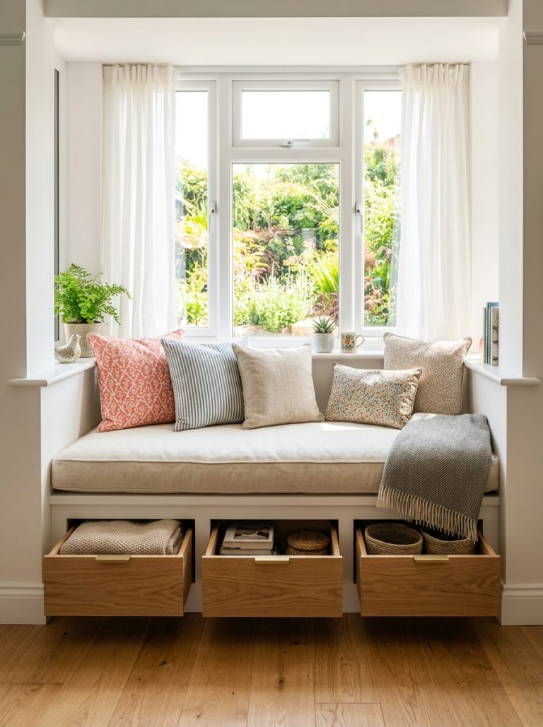 DIY window seat with thick cushion and throw pillows below large window with storage drawers underneath