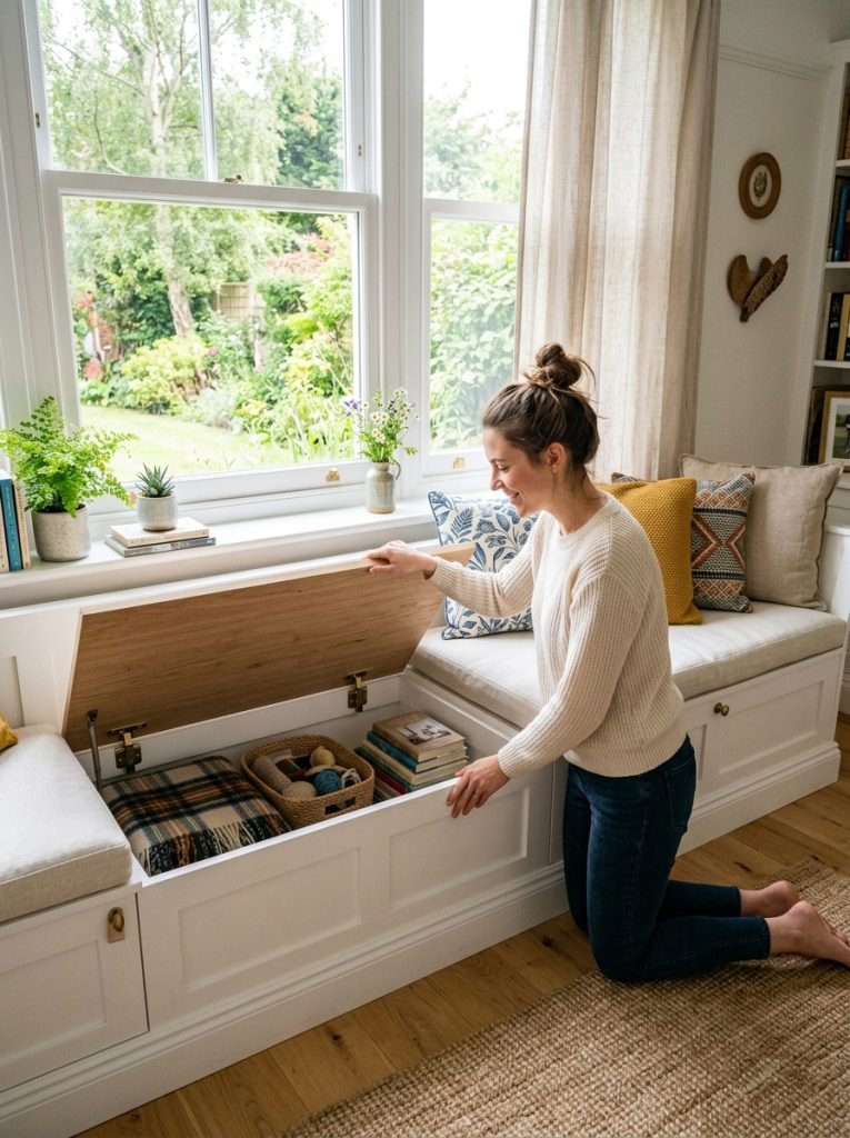 DIY window seat with hinged lid open showing storage inside below bright window thick cushion on top