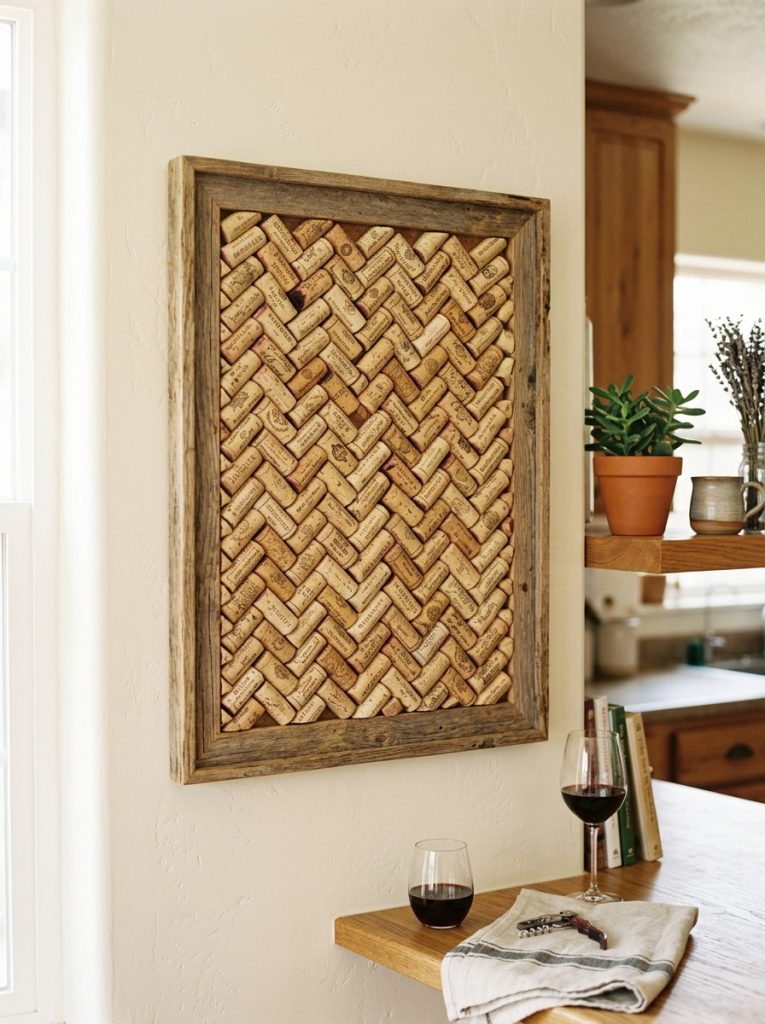 DIY wine cork board made from used wine corks arranged in pattern inside wood frame on bright kitchen wall