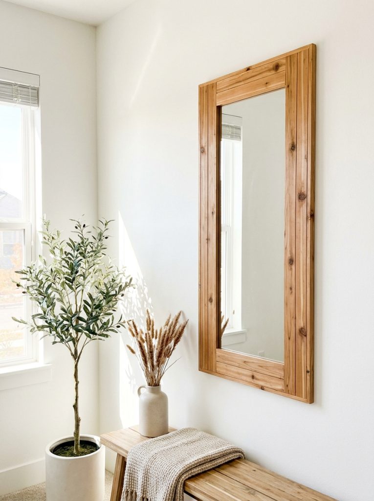 DIY wood plank mirror frame with natural stained cedar planks around rectangular mirror on white wall