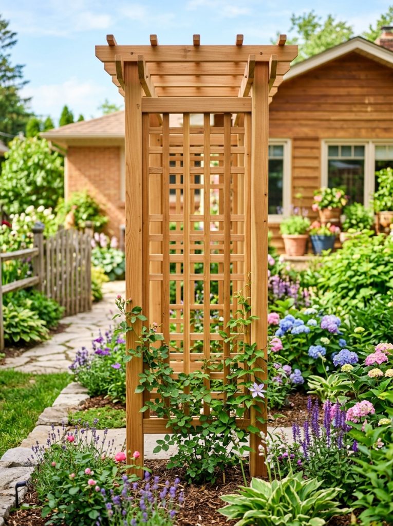  Beautiful DIY wood trellis build with clean joinery quality timber and finished proportions in backyard garden with climbing plants