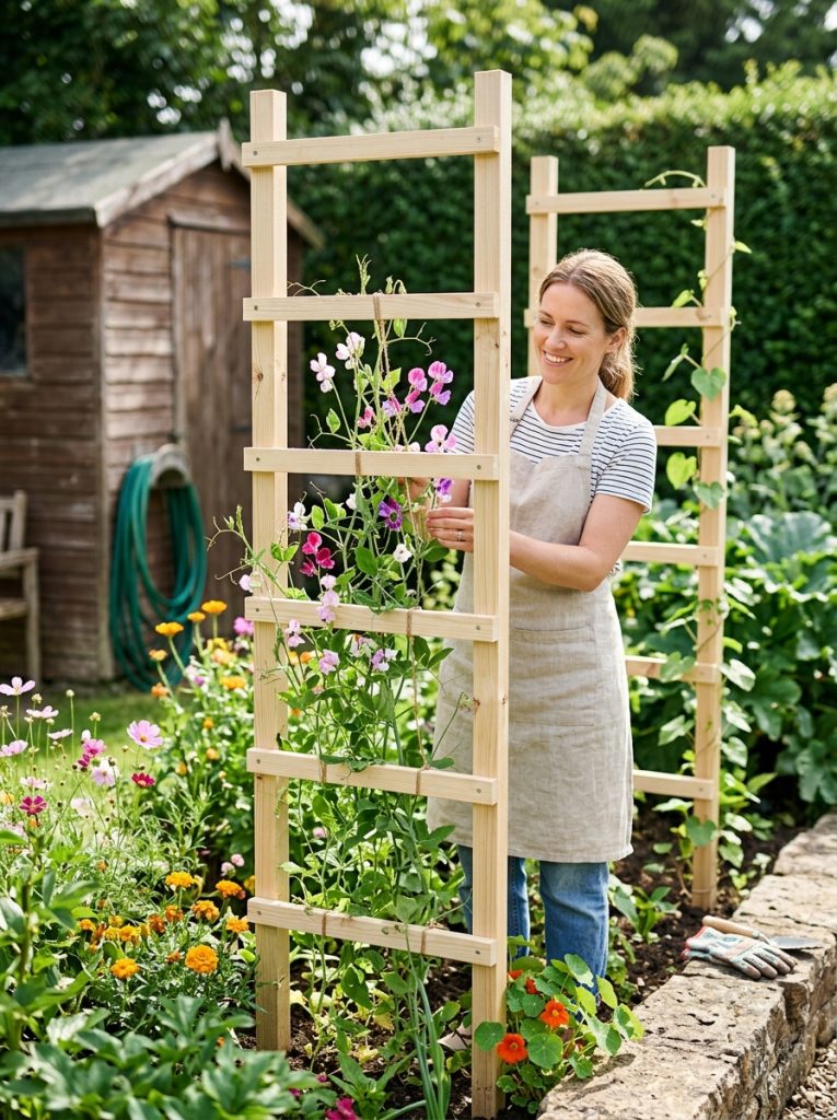 Simple easy DIY wood trellis ideas with basic timber construction creating beautiful effective garden climbing supports for beginners