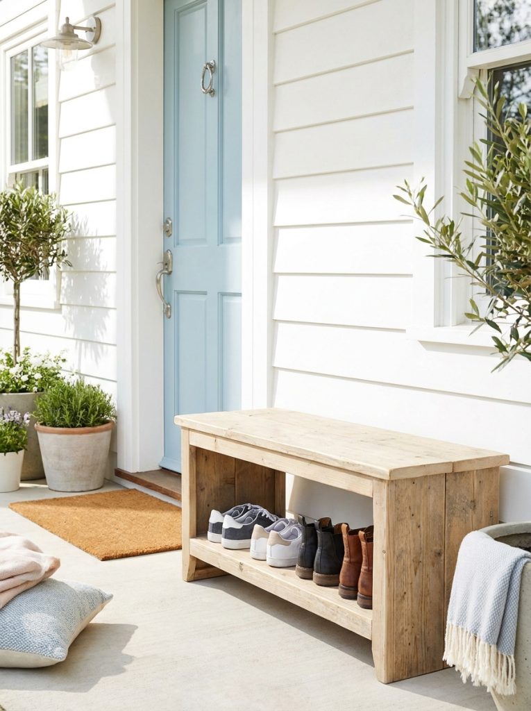 DIY wooden outdoor bench with open lower shelf holding shoes neatly beside front door entrance