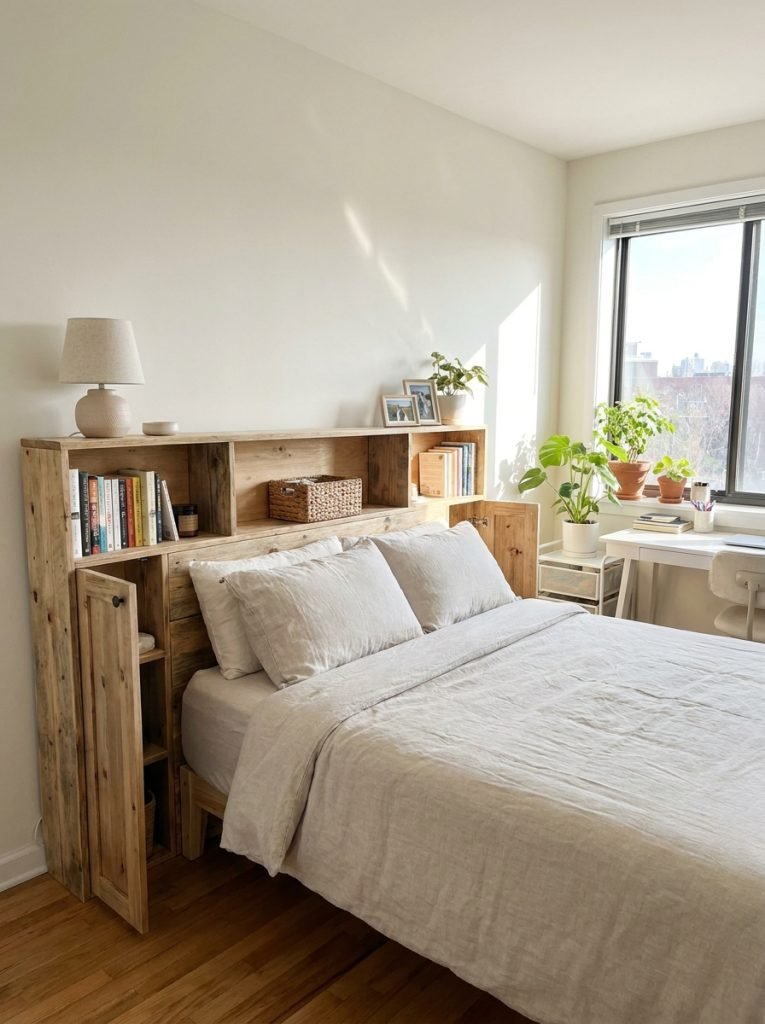 DIY wooden headboard with deep storage compartments and small doors on each side behind organized bed
