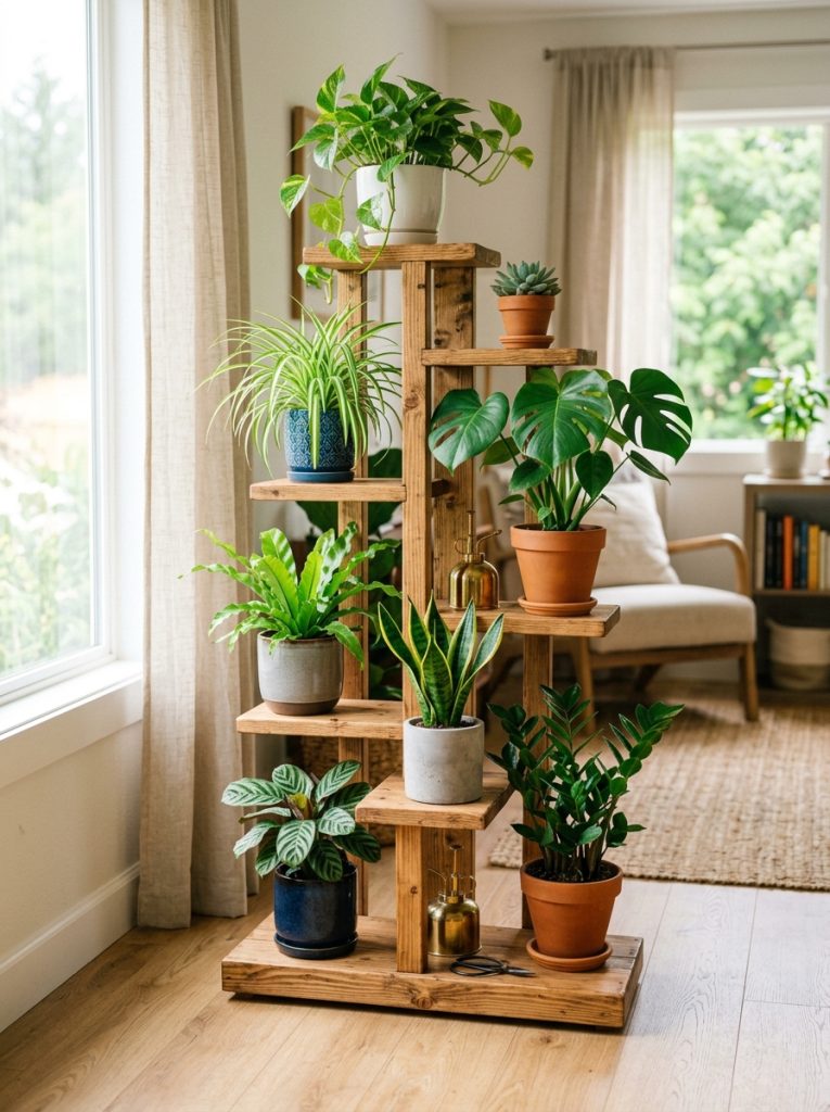 DIY wooden plant stand with multiple platforms at different heights holding six potted plants in bright room