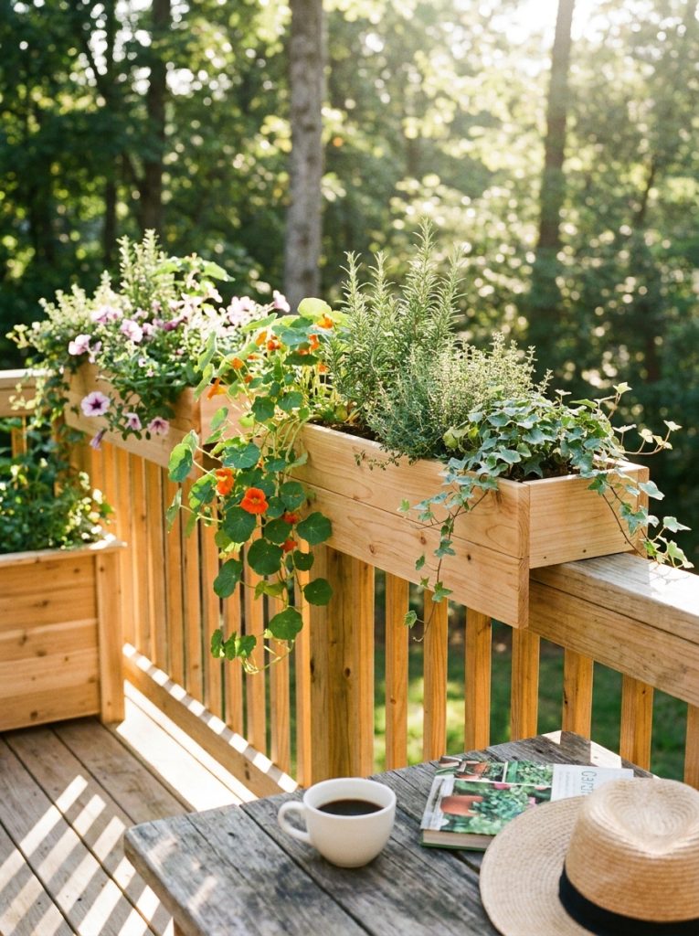DIY wooden planter boxes clipped onto deck railing filled with trailing flowers and herbs