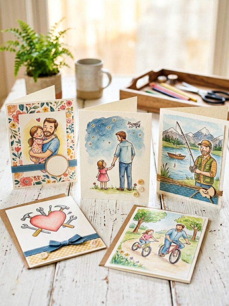 Beautiful dad birthday cards with father-daughter themes appreciation messages hobby illustrations and meaningful keepsake designs