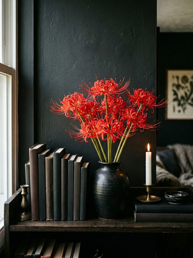 Beautiful dark aesthetic shelf with red spider lilies hero piece dark books black ceramic vase and white candle.