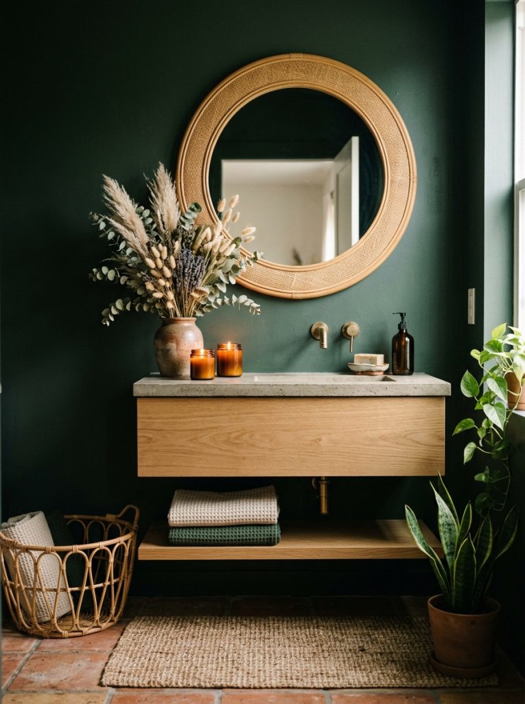 Beautiful dark moody boho bathroom with deep charcoal forest green terracotta walls rattan dried botanicals candlelight earthy elements