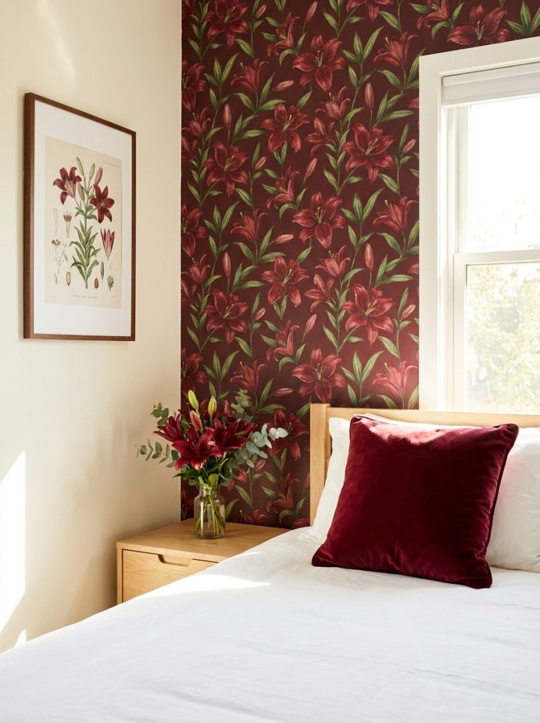 Complete dark red lilies bedroom with floral wallpaper throw pillow botanical print and lily bouquet styling
