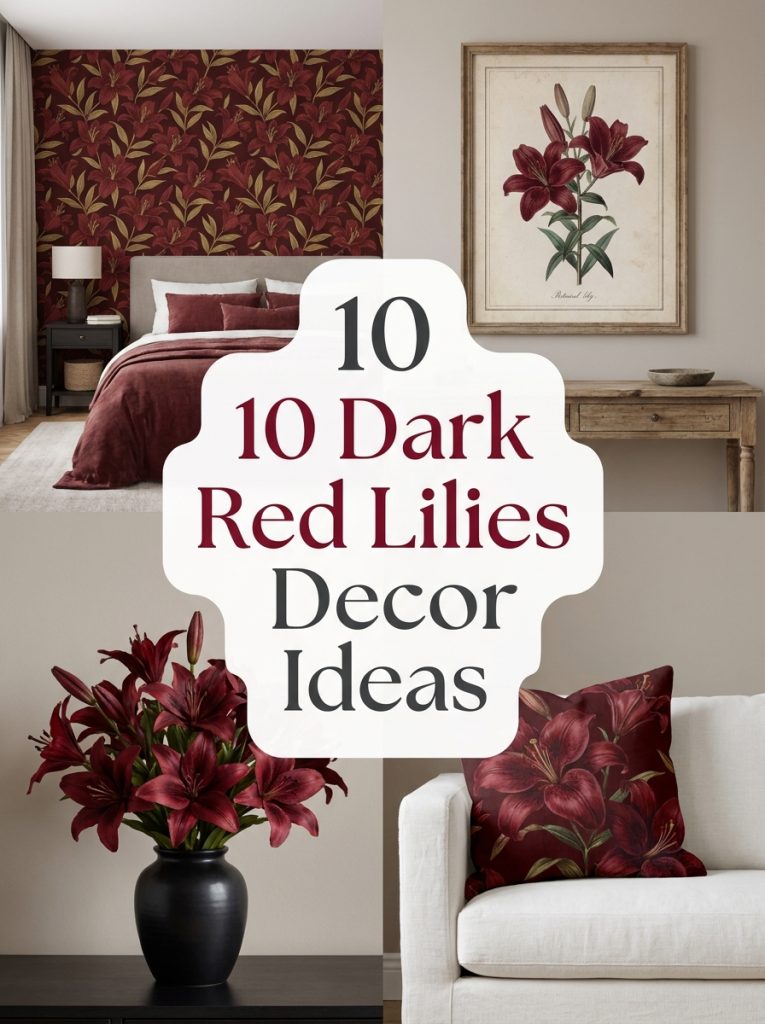 Four dark red lilies decor ideas including wallpaper bedroom botanical print bouquet vase and floral throw pillow