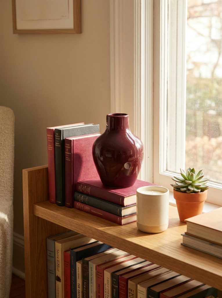 Beautiful shelf display with dark red aesthetic decor piece books candle and small plant vignette