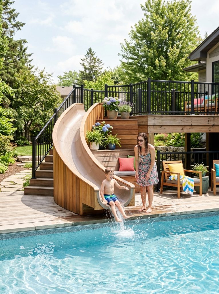 Beautifully integrated deck and pool slide DIY with matching materials unified design creating cohesive professional outdoor space 