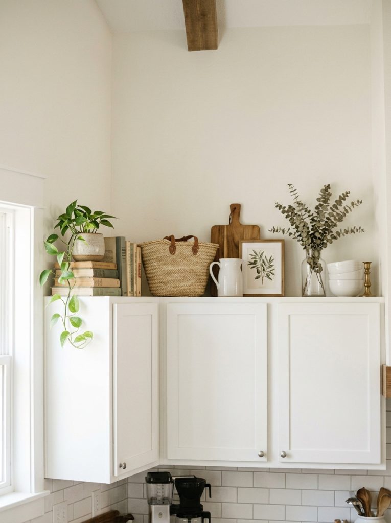 Beautiful above kitchen cabinet decorating with plants greenery baskets books coordinating decor transforming dead space into design feature 