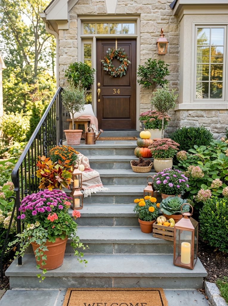 Beautiful outdoor entryway steps decorated with potted plants lanterns seasonal flowers and decorative elements creating welcoming step approach