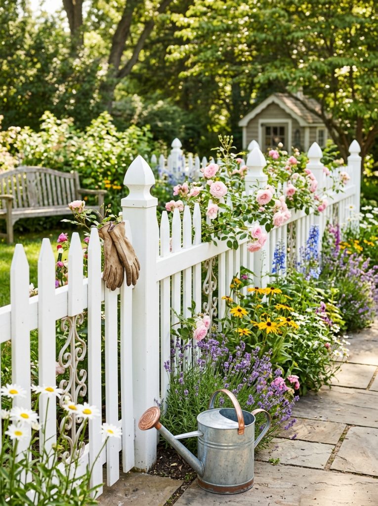  Beautiful decorative flower garden fence with ornamental panels picket designs and decorative elements complementing flower garden plantings 