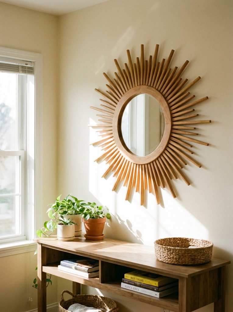 DIY decorative round mirror frame with sunburst wood rays extending outward around circular mirror on wall