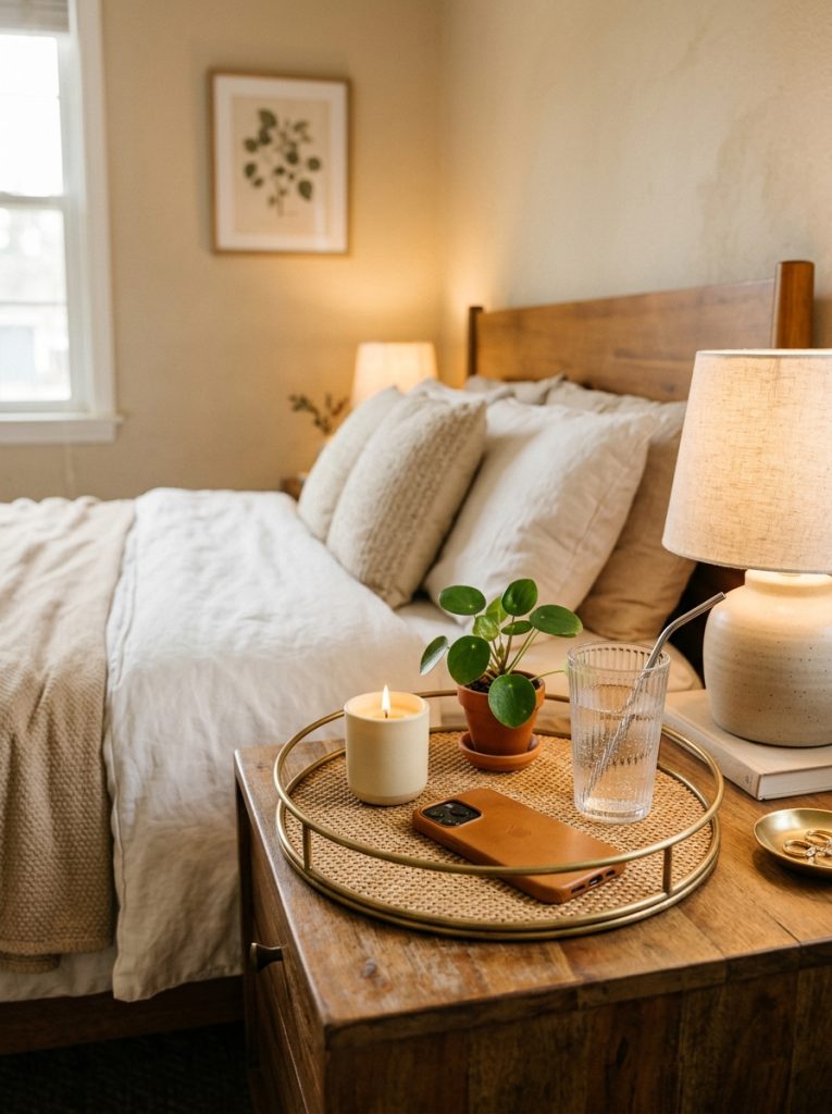 Small decorative tray on nightstand holding candle plant phone and glass of water