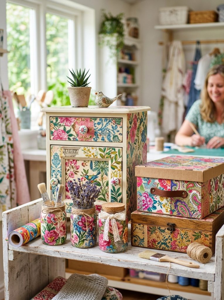 Beautiful decoupage upcycled craft transformations with old boxes glass jars and wooden items covered in beautiful paper patterns