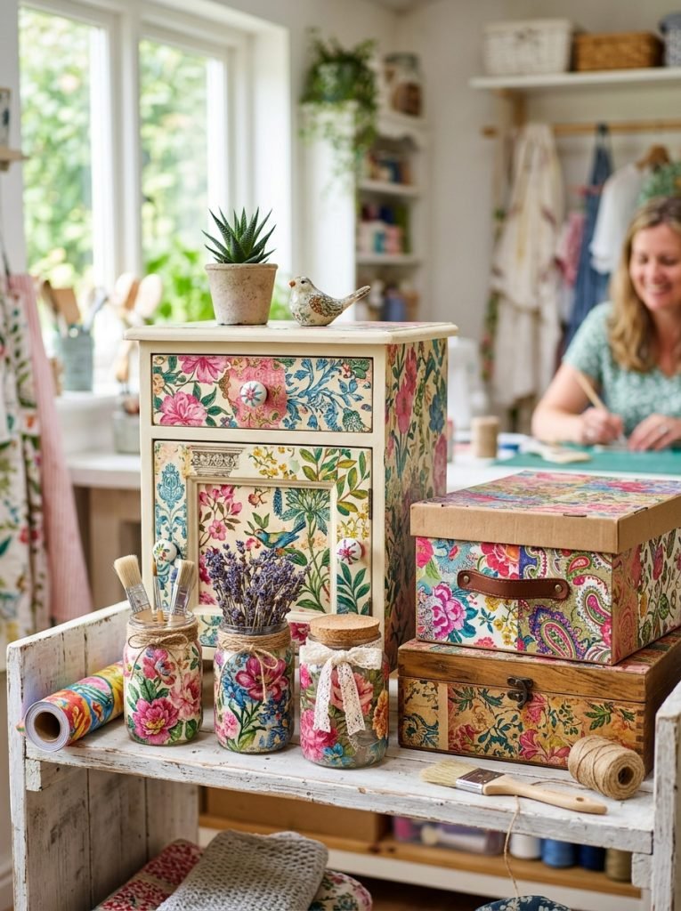 Beautiful decoupage upcycled craft transformations with old boxes glass jars and wooden items covered in beautiful paper patterns