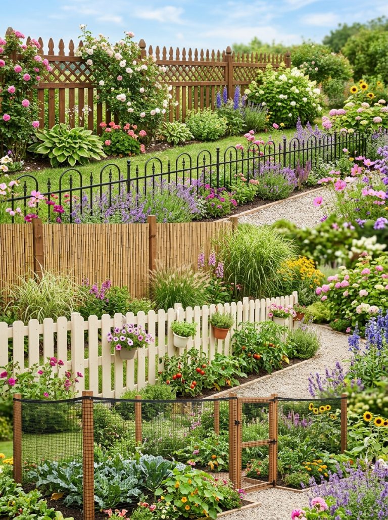 Beautiful deer proof garden fence display with wooden decorative black metal bamboo rustic pallet and tall netting fences in bright sunny gardens