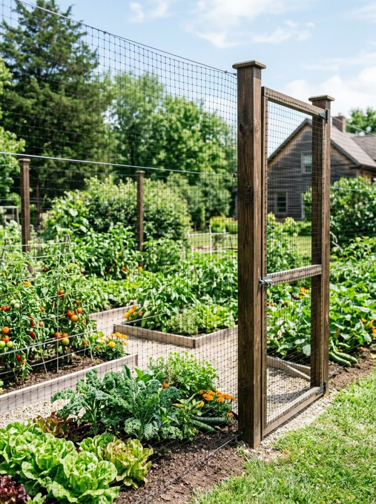 Effective deer proof garden fence netting installed on posts creating unobtrusive barrier around lush productive vegetable garden