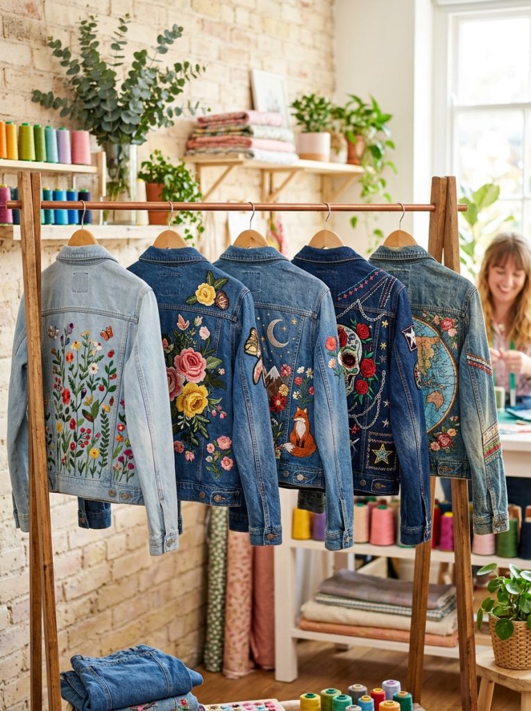 Cool denim jacket embroidery with botanical patches bold floral back panels punk details and creative artistic arrangements displayed beautifully