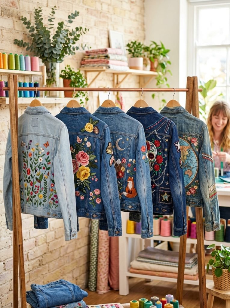 Cool denim jacket embroidery with botanical patches bold floral back panels punk details and creative artistic arrangements displayed beautifully