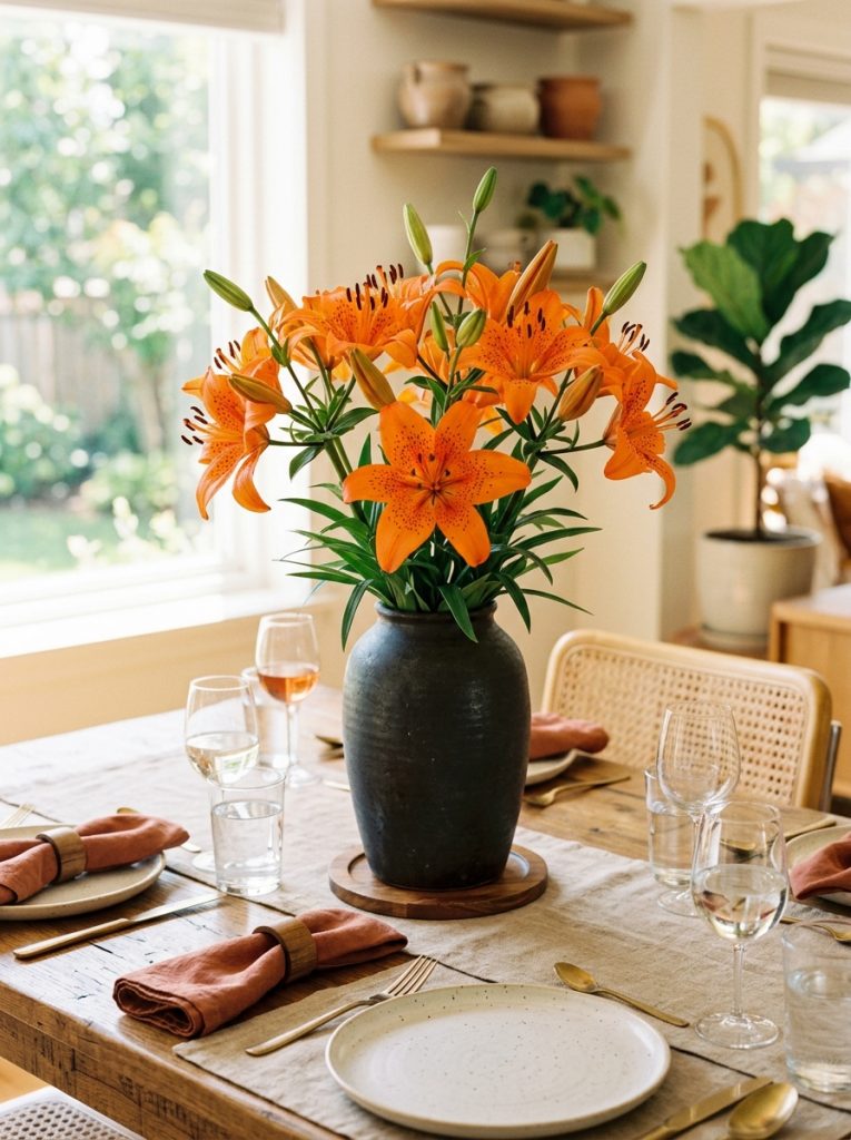 Beautiful dining table with orange tiger lilies arrangement tall dark ceramic vase bold vibrant blooms centerpiece