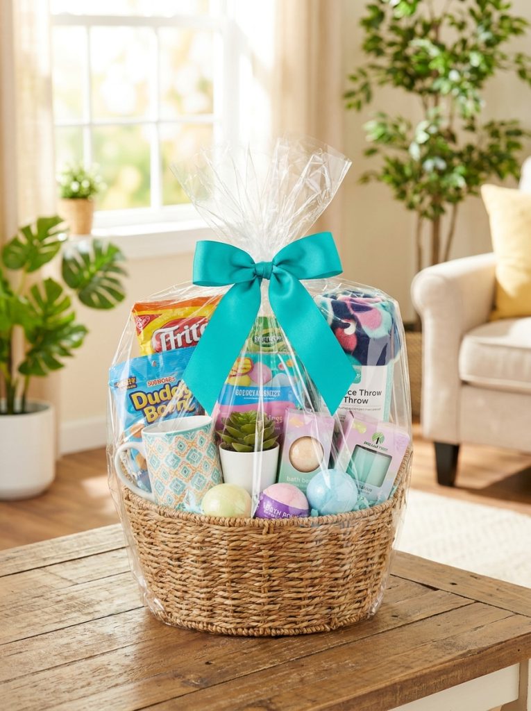 Beautiful budget dollar tree gift basket made entirely from dollar store finds looking genuinely impressive and thoughtfu