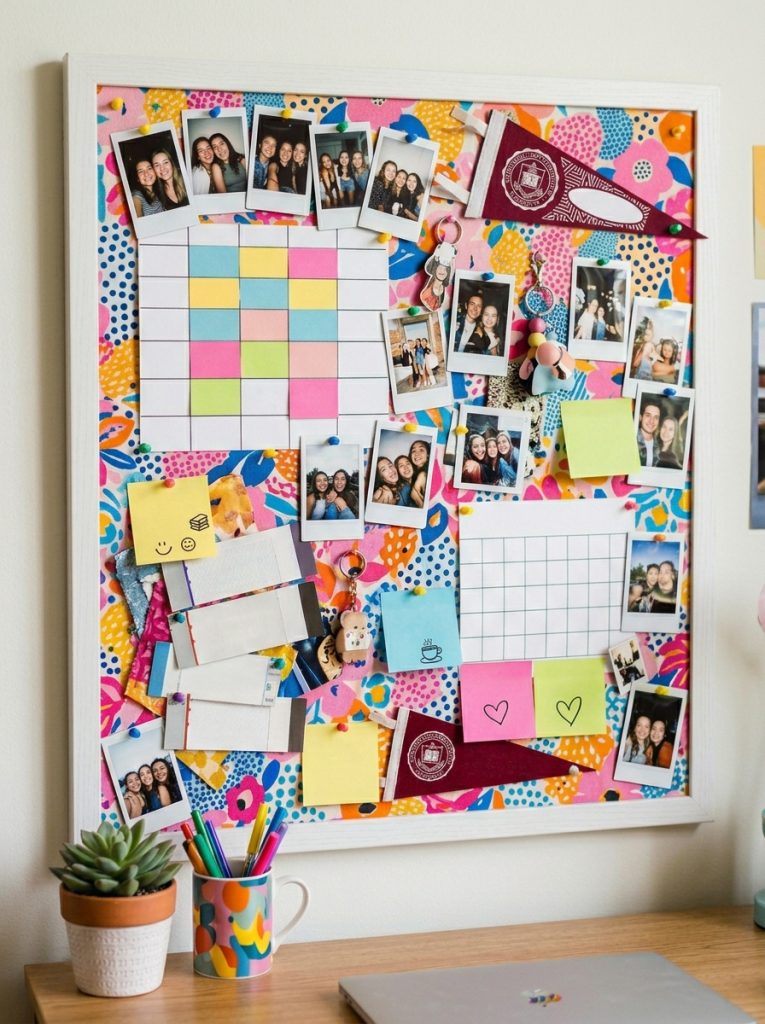 Fun colorful DIY college dorm cork board in bright patterned fabric with photos schedules and notes pinned with colorful push pins