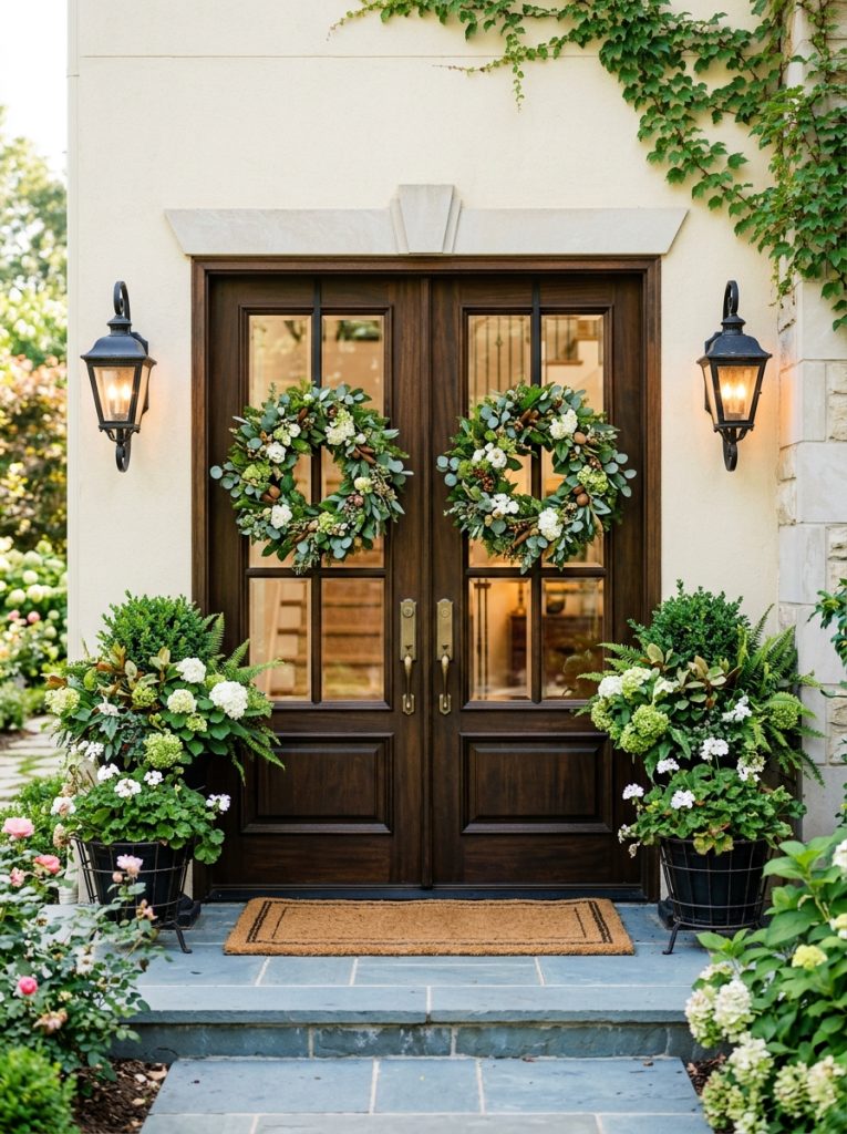 Beautiful double door outdoor entryway decor with symmetrical large planters paired wreaths on each door and coordinating lanterns 