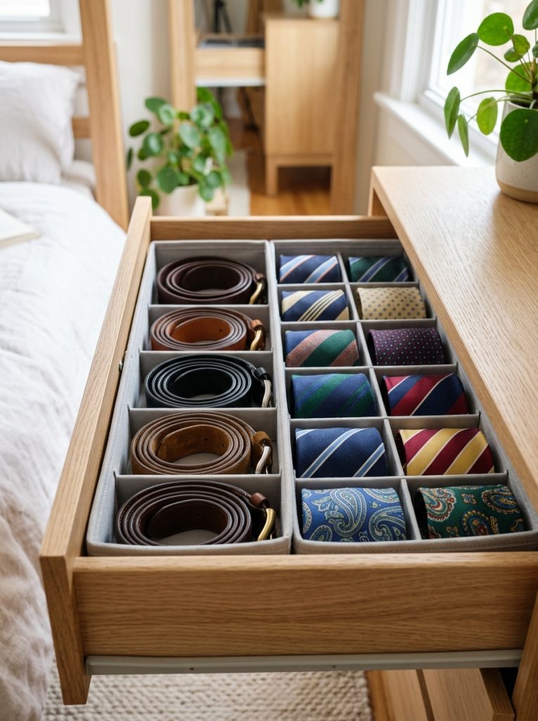Open dresser drawer with insert organizer holding rolled belts and ties in compartments