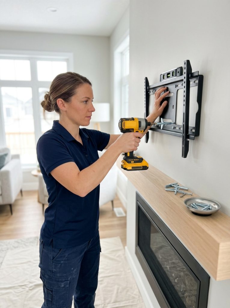 Drywall anchors and mounting hardware being installed in fireplace TV wall for securing shelves and TV mount