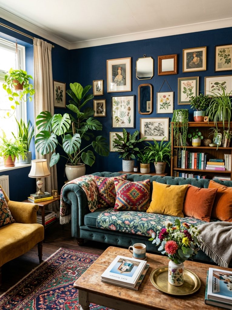 Beautiful eclectic navy blue and green living room with navy walls green plants vintage furniture bold patterns and layered textures
