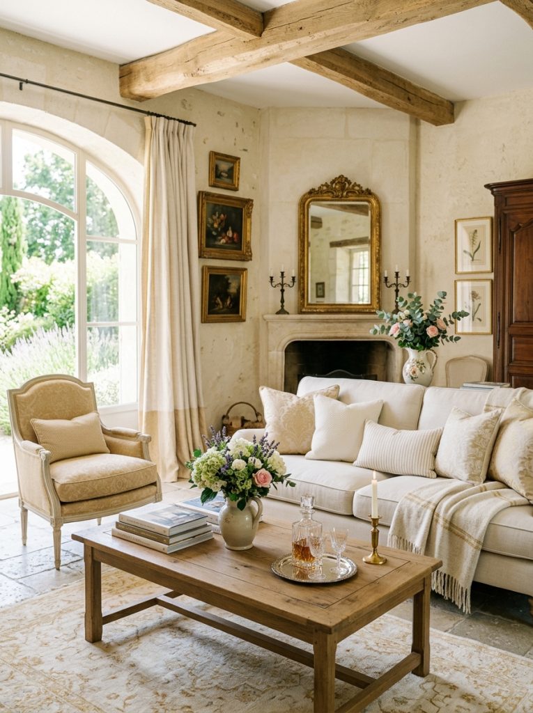 Beautiful elegant french farmhouse living room with refined furniture subtle pattern elegant accessories in cream ivory and soft gold