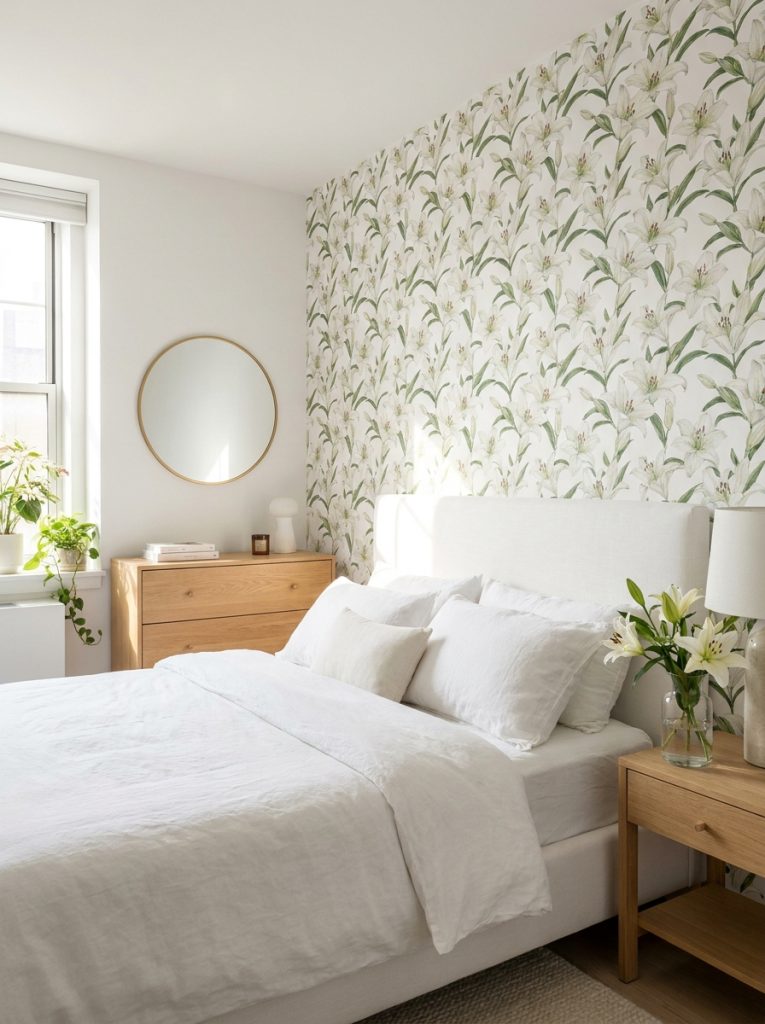 Elegant bright bedroom with white lilies wallpaper white upholstered bed gold mirror and minimal wooden furniture.