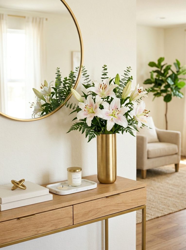 Beautiful elegant console with white stargazer lilies tall gold vase round gold mirror marble tray and candle