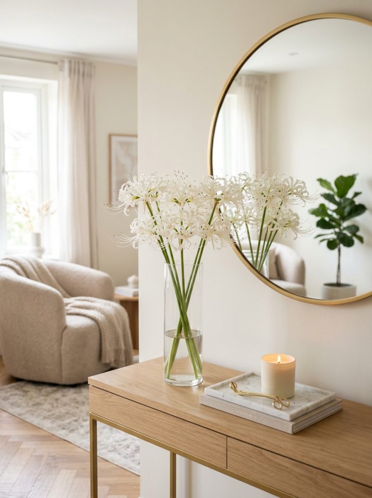  Beautiful elegant console with white spider lilies clear glass vase round gold mirror white marble tray and candle
